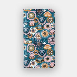 Winter Blau Blumen Brieftasche Hülle | Abstrakte Blumen Vegan Ledertasche | Passend für iPhone 16, 15, 14, 13, Samsung Galaxy S25, S24, S23, S22