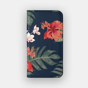 Red Hibiscus Floral Wallet Case | Red Flower Vegan Leather Folio | Fits iPhone 16, 15, 14, 13, Samsung Galaxy S25, S24, S23, S22