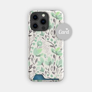 Kaarthouderetui met frisse munt en bloemen | Dunne hoes met pastelkleurige bloemen | Geschikt voor iPhone 16, 15 Pro Max, 14, 13, Samsung Galaxy S22, S21 Plus