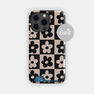 Estuche para tarjetas con diseño abstracto de pétalos negros / Estuche fino con estampado floral llamativo / Compatible con iPhone 16, 15 Pro Max, 14, 13, Samsung Galaxy S22, S21 Plus