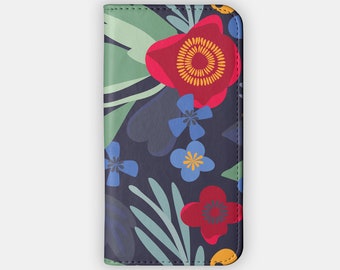 Étui portefeuille BOLD RABBLE - Motif floral abstrait pour Samsung S24 S23 S22 S21, iPhone 15 14 13 12 - Étui à rabat fleuri