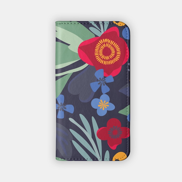 BOLD RABBLE Wallet Case - Abstract Floral Design for your Samsung S24 S23 S22 S21, iPhone 15 14 13 12 - Flowery Folio Case