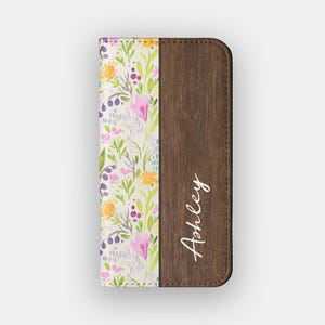 Funda tipo cartera con diseño floral de prado colorido / Funda tipo libro de piel vegana con bonitas flores / Compatible con iPhone 16, 15, 14, 13 y Samsung Galaxy S25, S24, S23 y S22