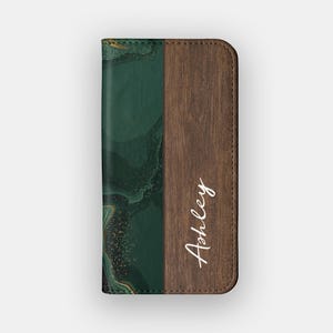 Funda tipo cartera elegante Emerald River / Folio de piel sintética con diseño de mármol verde / Compatible con iPhone 16, 15, 14 y 13, y Samsung Galaxy S25, S24, S23 y S22
