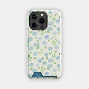 Kaarthouderetui in poedervorm met bloemen | Smalle hoes met bloem en aquarel | Geschikt voor iPhone 16, 15 Pro Max, 14, 13, Samsung Galaxy S22, S21 Plus