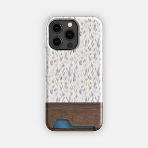Lavendel Liebe Floral Kartenhalter | Blumen Aquarell dünne Hülle | Passend für iPhone 16, 15 Pro Max, 14, 13, Samsung Galaxy S22, S21 Plus