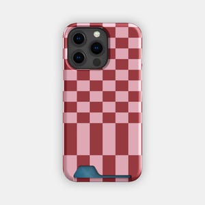 Estuche para tarjetas con diseño abstracto de cuadros cereza / Estuche para tarjetas con cuadros llamativos / Compatible con iPhone 16, 15 Pro Max, 14, 13, Samsung Galaxy S22, S21 Plus