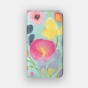 Funda tipo cartera con diseño floral Rain Fall / Funda tipo libro de piel vegana con diseño de acuarela floral / Compatible con iPhone 16, 15, 14 y 13, y Samsung Galaxy S25, S24, S23 y S22