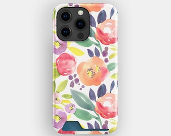 Mixed Seeds Card Holder Phone Case, For iPhone 17, 16, 15, Floral Orange Design