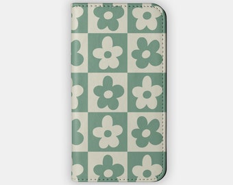 GREEN PETALS Wallet Case - Abstract Green Petals Design for your Samsung S24 S23 S22 S21, iPhone 15 14 13 12 - Y2K Folio Case