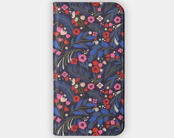 Étui portefeuille SUNSET SAUNTER - Motif floral foncé pour iPhone 15 14 13 12, Galaxy S24 S23 S22 S21 S20 - Étui à rabat floral