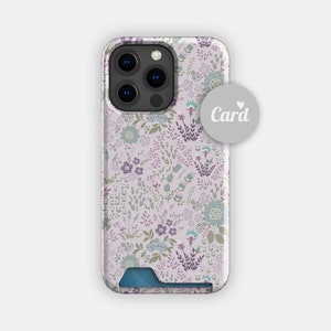 Porte-cartes floral lilas parsemé de fleurs | porte-cartes esthétique fleur | Compatible avec les iPhone 16, 15 Pro Max, 14, 13, Samsung Galaxy S22, S21 Plus