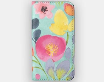 Capa carteira para celular com estampa floral aquarelada de chuva para iPhone 17, 16, 15 e Samsung S26.