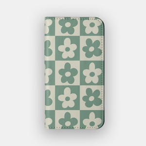Funda billetera abstracta con pétalos verdes / Funda protectora con diseño floral llamativo / Compatible con iPhone 16, 15, 14 y 13, y Samsung Galaxy S25, S24, S23 y S22