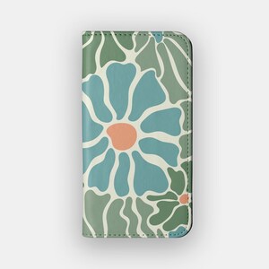 Estuche tipo cartera con diseño floral de jardín / Estuche para guardar tarjetas con diseño de flores abstractas / Compatible con iPhone 16, 15, 14, 13 y Samsung Galaxy S25, S24, S23 y S22