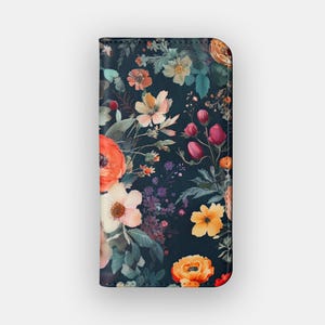 Étui portefeuille fleuri Table Bloom | Étui portefeuille en cuir végétalien à fleurs foncées | Compatible avec les iPhone 16, 15, 14, 13, Samsung Galaxy S25, S24, S23, S22