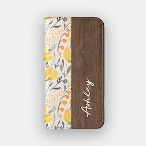 Gelbe Wiesen Floral Brieftasche Hülle | Aquarell Blumen Vegan Leder Folio | Passend für iPhone 16, 15, 14, 13, Samsung Galaxy S25, S24, S23, S22