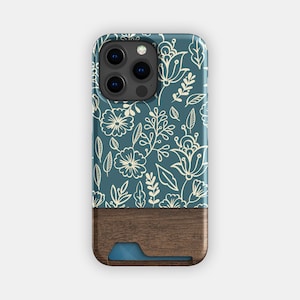 Capa porta-cartões floral com hastes azuis-petróleo | Capa fina com estampa de flores verdes | Compatível com iPhone 16, 15 Pro Max, 14, 13, Samsung Galaxy S22, S21 Plus