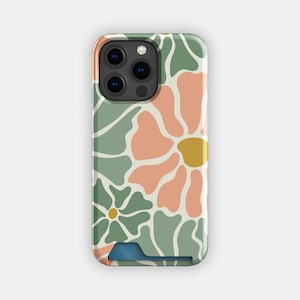 Kaarthouderetui met perzik bloemen bloemen | Smalle hoes met abstracte bloem | Geschikt voor iPhone 16, 15 Pro Max, 14, 13, Samsung Galaxy S22, S21 Plus