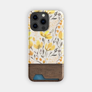 Custodia porta carte con motivo floreale Yellow Meadows / Custodia porta carte con motivo floreale ad acquerello / Compatibile con iPhone 16, 15 Pro Max, 14, 13, Samsung Galaxy S22, S21 Plus