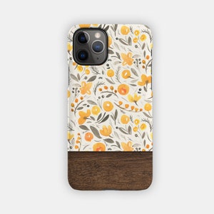 GOLDEN SCATTERING iPhone Case - Orange Florals and Wood Design for your Apple iPhone 15 14 13 12 11 - Flowery Tough iPhone Case