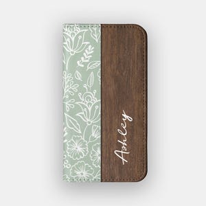 Portefeuille floral en bois de sauge | Étui portefeuille en cuir végétalien à fleurs | Compatible avec les iPhone 16, 15, 14, 13, Samsung Galaxy S25, S24, S23, S22