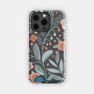 Blue Wilt Floral Kartenhalter | Bunte Blumen schlanke Hülle | Passend für iPhone 16, 15 Pro Max, 14, 13, Samsung Galaxy S22, S21 Plus