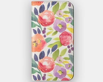 Capa carteira para celular com estampa floral aquarela de sementes mistas para iPhone 17, 16, 15 e Samsung S26.