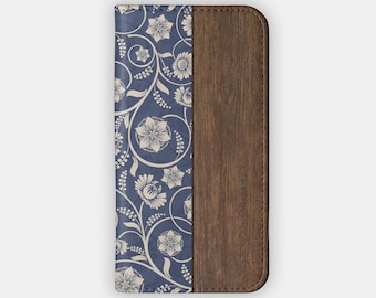 DAISY CHAIN Wallet Case - Blue Baroque and Wood Design for your iPhone 15 14 13 12, Galaxy S24 S23 S22 S21 S20 - Chic Folio Case