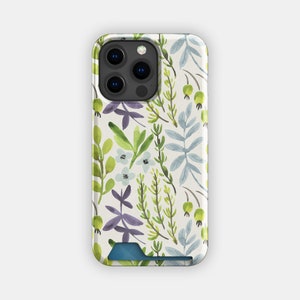 Climbing Greens kaarthouder met bloemen | Smalle hoes met aquarelbloem | Geschikt voor iPhone 16, 15 Pro Max, 14, 13, Samsung Galaxy S22, S21 Plus