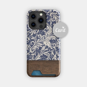 Dark Swish Floral Card Holder Case | Baroque Slim Case | Fits iPhone 16, 15 Pro Max, 14, 13, Samsung Galaxy S22, S21 Plus