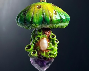 Glow in Dark Mushroom Pendant with Amethyst and Pearl – Nature Jewelry