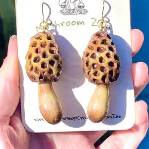 New Cute realistic glow in the dark morel Earrings 14k gold hooks mushroom earrings