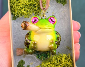 Handmade Glow in Dark Stony Frog Necklace – Sculpture Art Jewelry