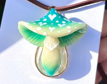 Heart Spotted teal Zen’s signature design gradation cap Petite glow in the dark mushroom pendant