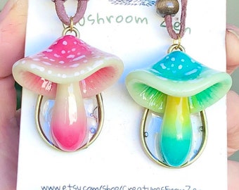 2 pendants set.3D petite pendants spotted cherry blossom pink cap+ Teal cap Share with bestie set  Petite Cute Amanita Glow in dark Mushroom