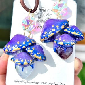 2 pendants Share with your bestie set  Petite Cute cluster Glow in dark mushroom pendants With Amethyst / clear Quartz