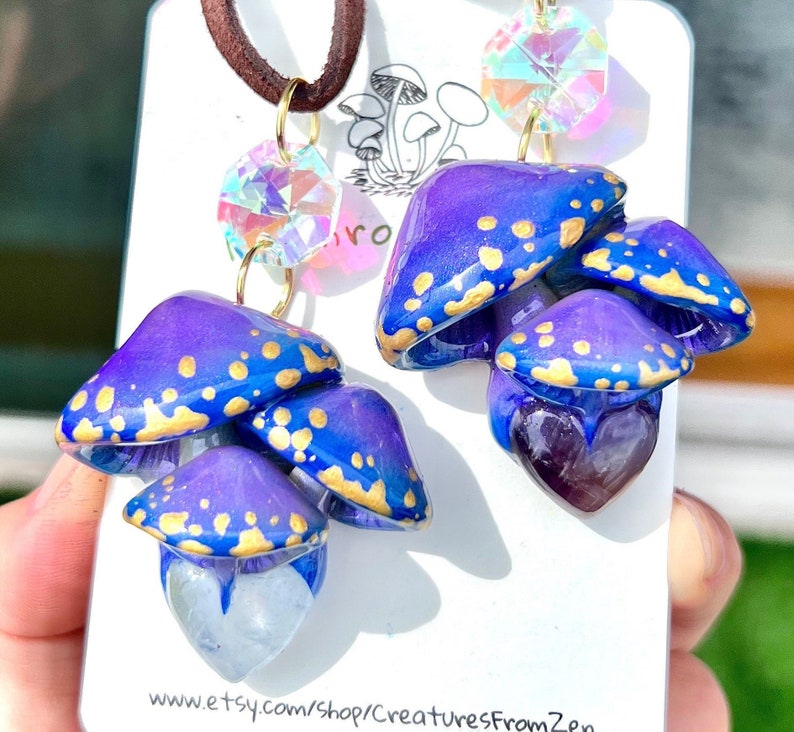 2 pendants Share with your bestie set Petite Cute cluster Glow in dark mushroom pendants With Amethyst / clear Quartz image 1