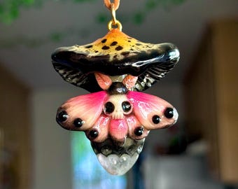 Pastel Goth Death's Head Moth Inky Mushroom Pendant with Quartz Charm – Handmade Glow-in-the-Dark