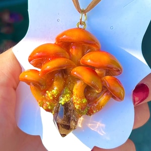 Mushroom Necklace. Orange Mycena leaiana Mushroom pendant Glow in dark mushroom pendant with Smokey Quartz. 24 inches adjustable cord