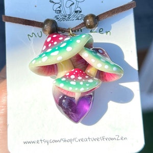 Cluster Petite Cute Glow in dark amethyst + gradation spotted teal cap  mushroom charm