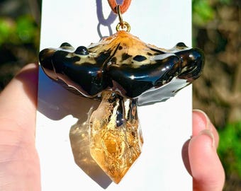 Dragon tooth citrine + inky cap pendant glow in the dark. Handmade mushroom charm