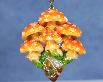 Honey Nector Amanita Super Cluster Glow in Dark  fungi Mushroom Pendant Citrine Necklace