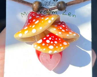 Cluster Orange Red gradation mushroom pendant + Rose Quartz Heart shaped Glow in the dark mushroom  pendant