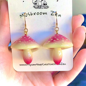 Spotted Glow in dark  mushroomearrings cherry blossom pink cap mushroom earrings handmade earrings