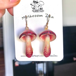 14k gold hooks/ elegant purple Inky ghost cap longer stem mushroom earrings