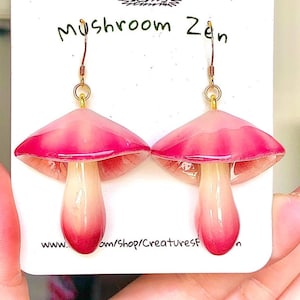 Glow in dark  mushroomearrings cherry blossom pink cap mushroom earrings handmade earrings