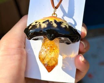 Dragon tooth citrine + inky cap pendant glow in the dark. Handmade mushroom charm