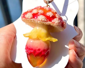 May include: A mushroom pendant with a red and white spotted cap, yellow gills, and a red and orange stem. The pendant is attached to a brown leather cord. The mushroom is held against a white card.