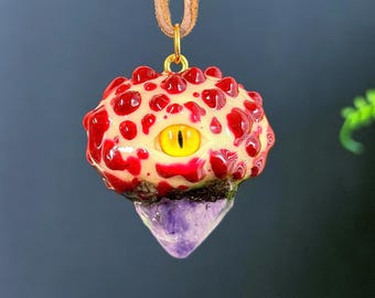 Protection Sick Drippy Bleeding tooth fungus glow in the dark mushroom charm + amethyst
